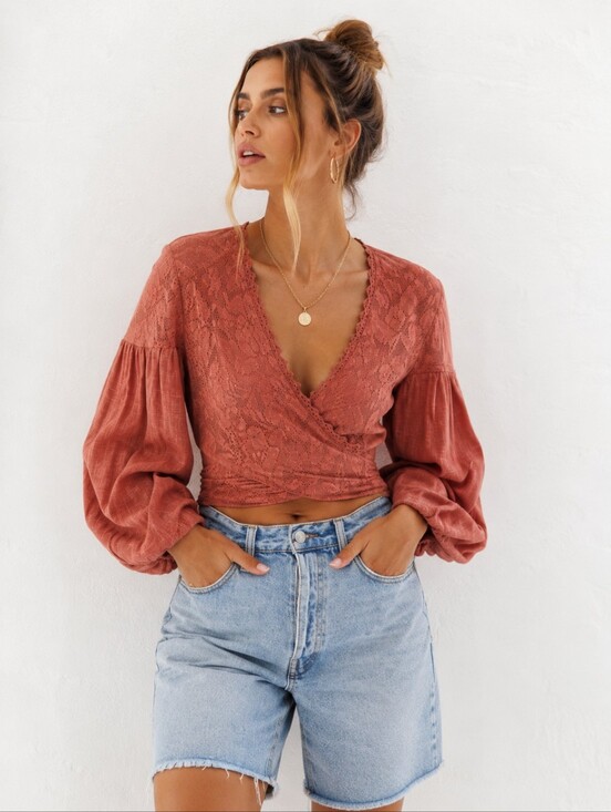 Free People Tops - Free People Dolly Wrap Top Terra Cotta Lace Boho Balloon Sleeve Crop Blouse L